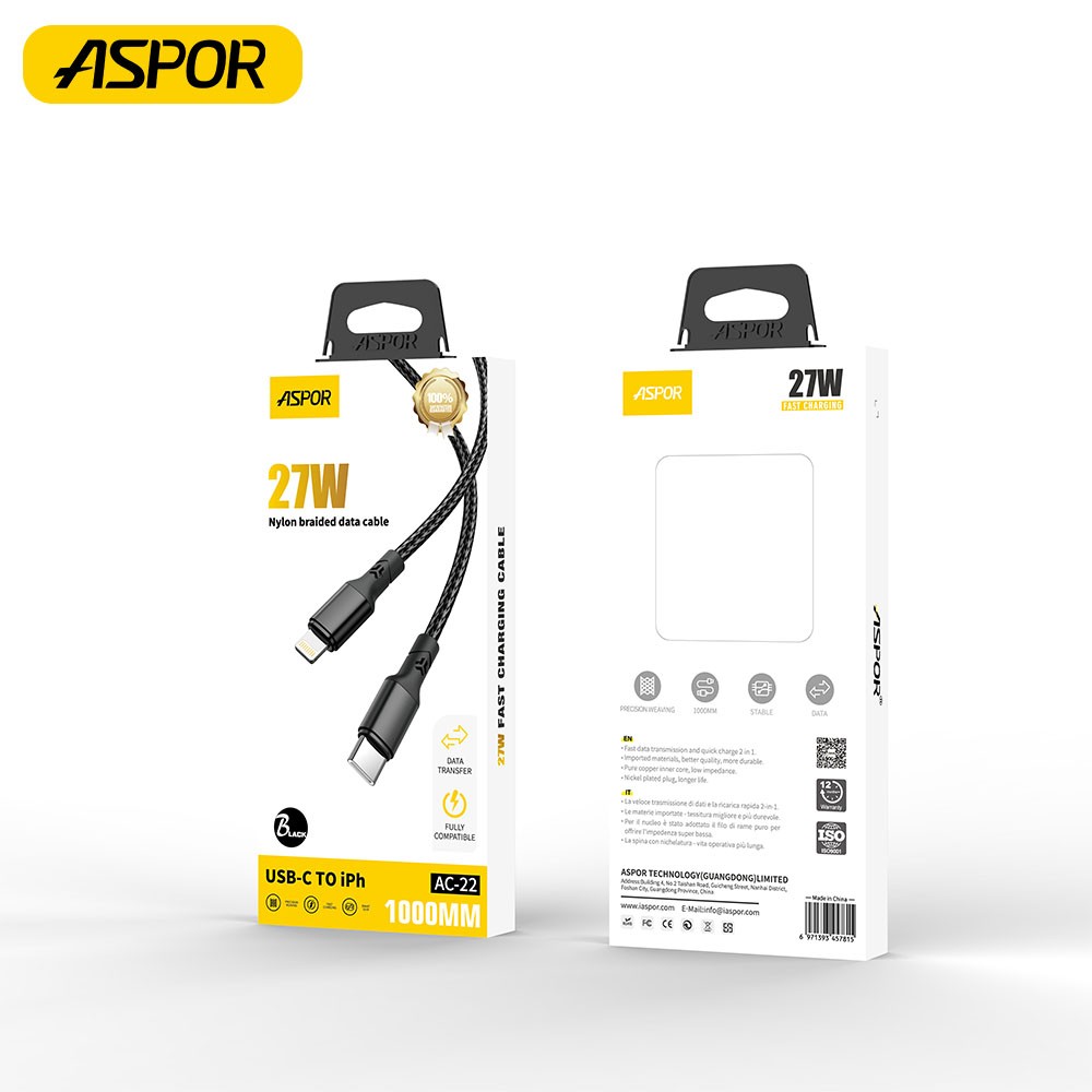 كابل ASPOR بطول 1 متر وقوة 27 واط من تايب C إلى Lightning